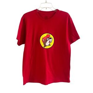 Buc-Ees Adult Red Short Sleeve Beaver Graphic Print Logo T Shirt‎ Vacation Large
